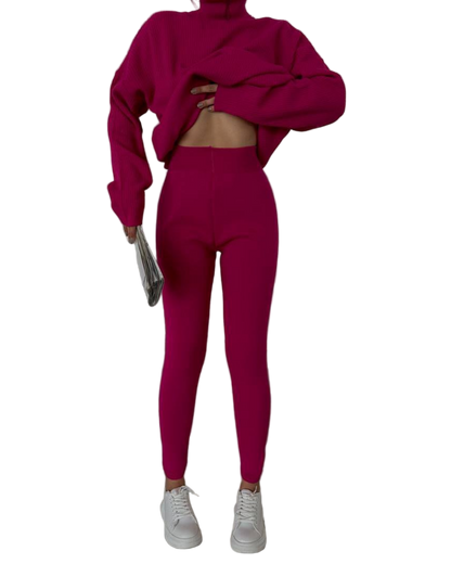 Fuchsia Ribbed Oversized Sweater Shaping Leggings Knit Set