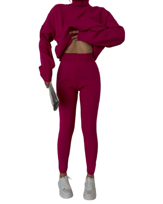 Fuchsia Ribbed Oversized Sweater Shaping Leggings Knit Set
