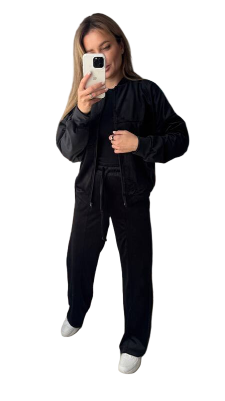 Black Velour Tracksuit with Zip Jacket and Elastic Waist Pants