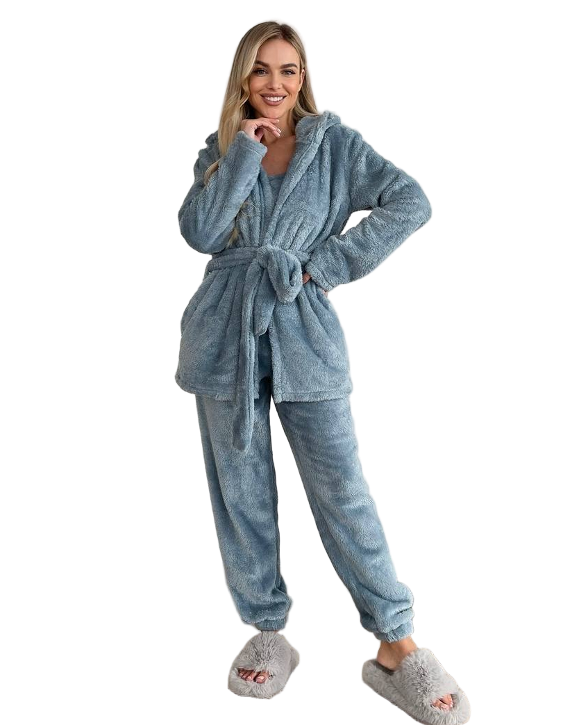 Womens Double Sided Terry Three Piece Pajama Set Blue