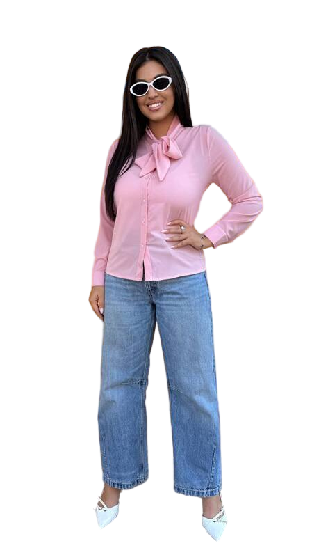 Woman wearing a pink blouse with a bow and blue jeans on a white background