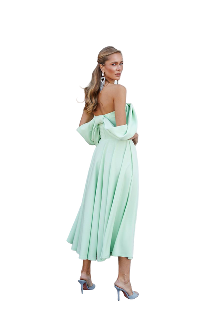 Woman wearing a light green off-shoulder dress on a white background
