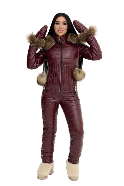 Womens Burgundy Winter Overall Ski Jumpsuit Raccoon Fur Hood Faux Fur Mittens Insulated Puffer Jumpsuit