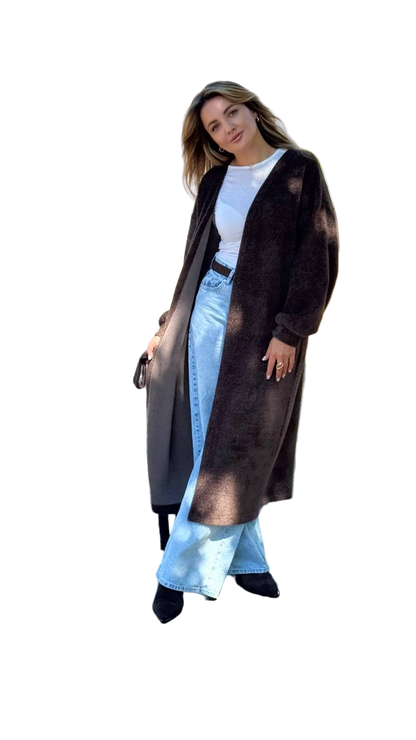 Angora Fuzzy Long Cardigan Brown Oversized Drop Shoulder Belted Knit