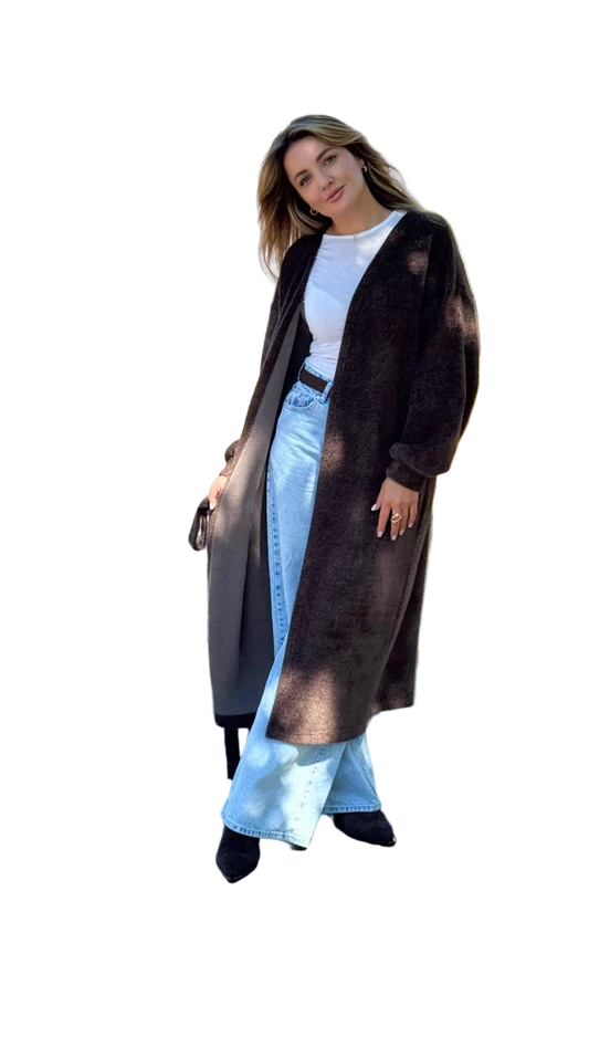 Angora Fuzzy Long Cardigan Brown Oversized Drop Shoulder Belted Knit