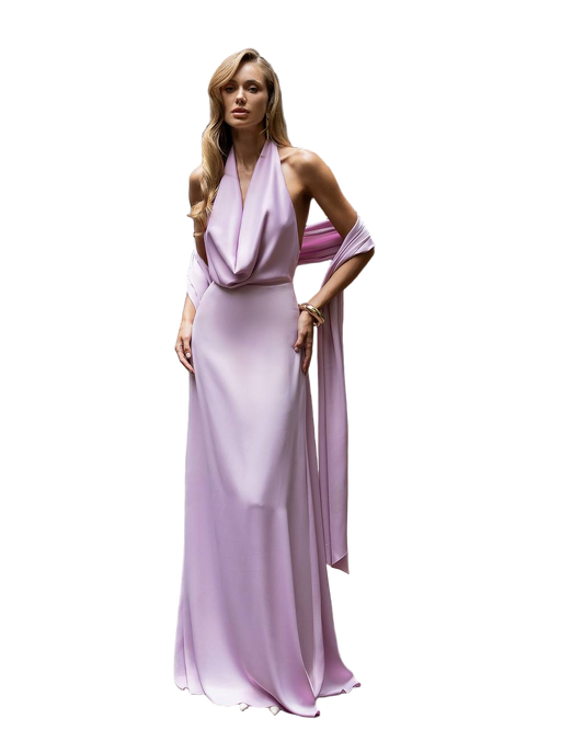 Premium Satin Halter Evening Dress with Scarf Pink