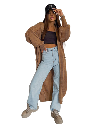 Stylish Long Brown Knit Cardigan for Women