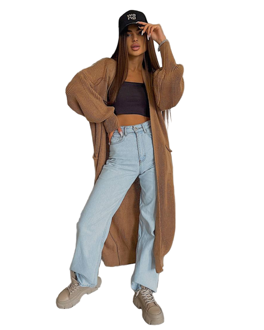 Stylish Long Brown Knit Cardigan for Women