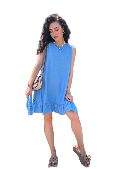Light Blue Linen Dress with Belt Casual Summer Dress