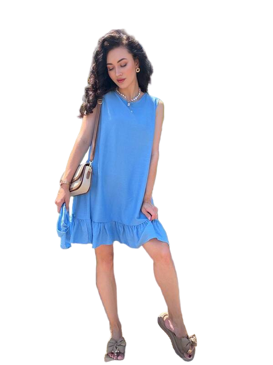 Light Blue Linen Dress with Belt Casual Summer Dress