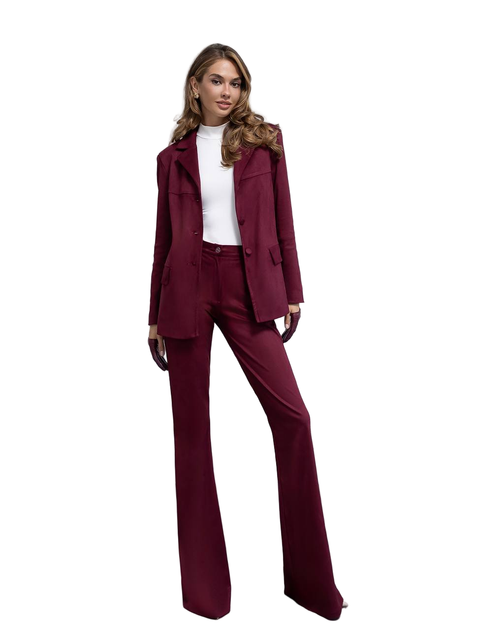 Burgundy Double Sided Suede Jacket and Pants Set Womens Tailored Two Piece