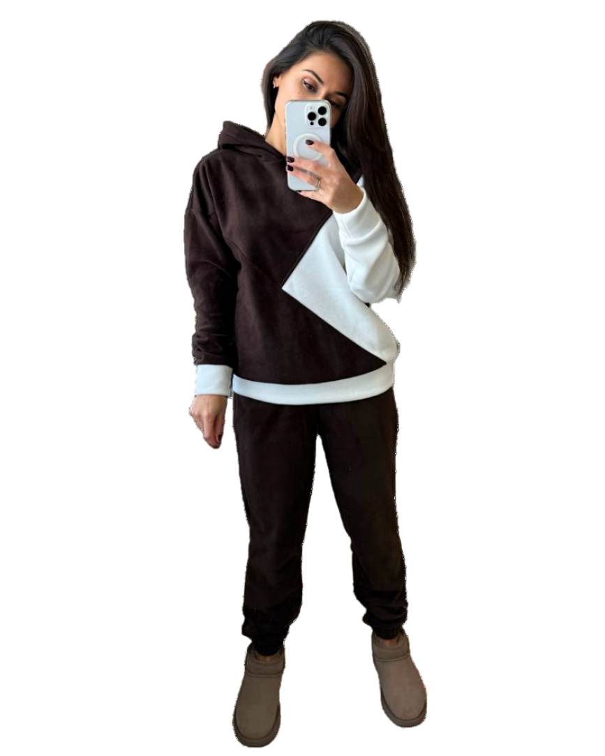 Women Brown White Two Tone Polar Fleece Tracksuit Hoodie Sweatpants