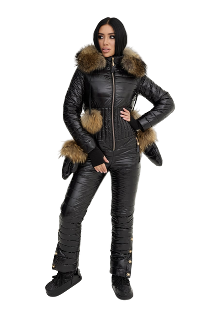 Womens Black Winter Overall Ski Jumpsuit with Raccoon Fur Hood Faux Fur Mittens Silicon Filled Shiny Fabric