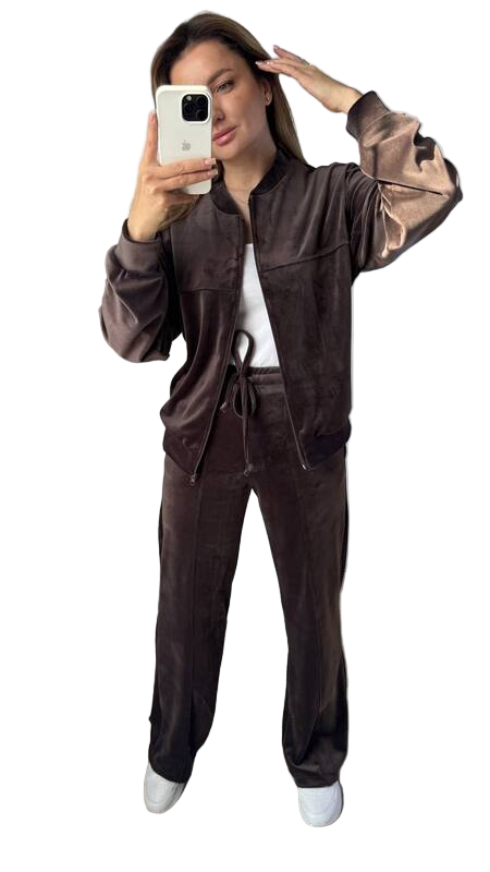 Velour Tracksuit with Zip Jacket and Elastic Waist Pants in Brown
