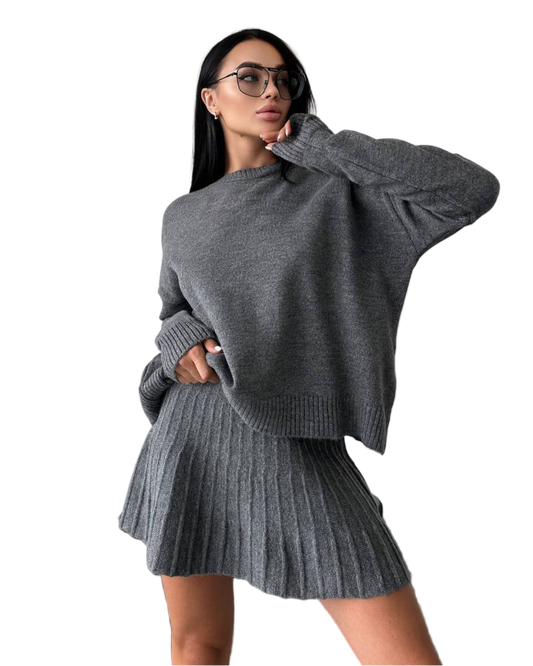 Stylish Gray Wool Blend Pleated Skirt and Oversized Sweater Set
