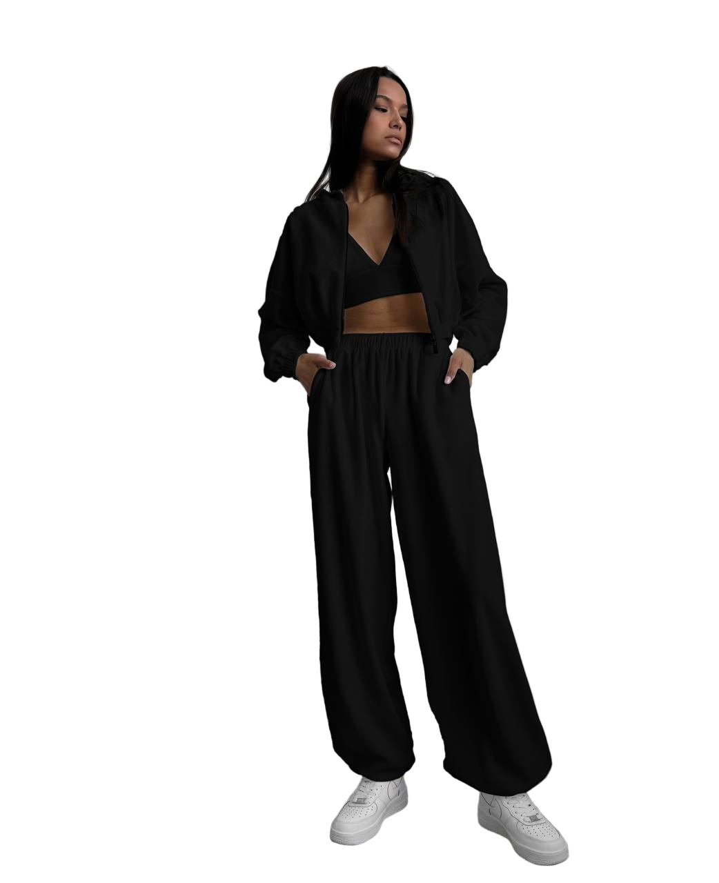 Black Plush Velour Tracksuit Oversized Sweater High Waist Wide Leg Pants