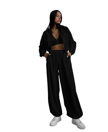 Black Plush Velour Tracksuit Oversized Sweater High Waist Wide Leg Pants
