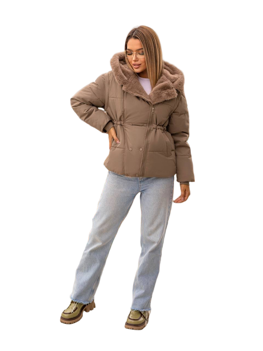 Woman wearing a brown puffer jacket with fur hood on a white background