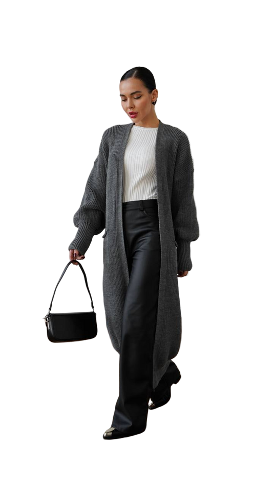 Stylish Long Grey Knit Cardigan for Women