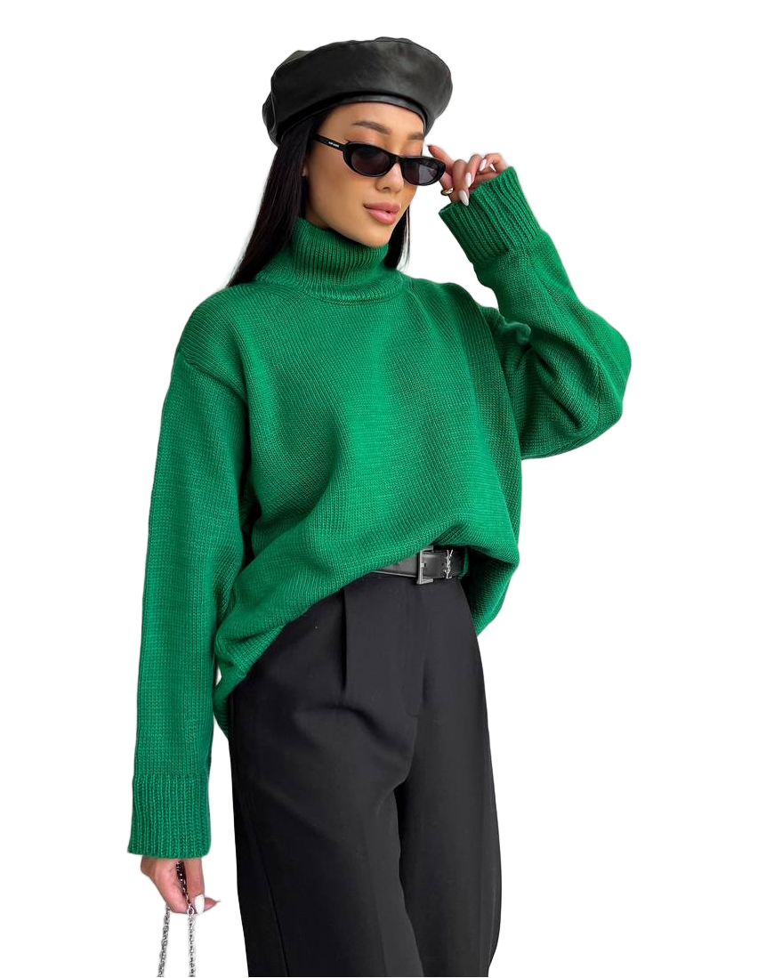 Green Turtleneck Oversized Knit Sweater 50% Wool 50% Acrylic