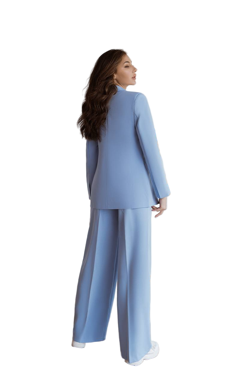 Sky Blue Palazzo Suit Diagonal Crepe Lined Blazer Wide Leg Pants