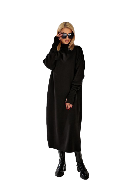 Oversized Black Knit Dress with Thumbhole Sleeves