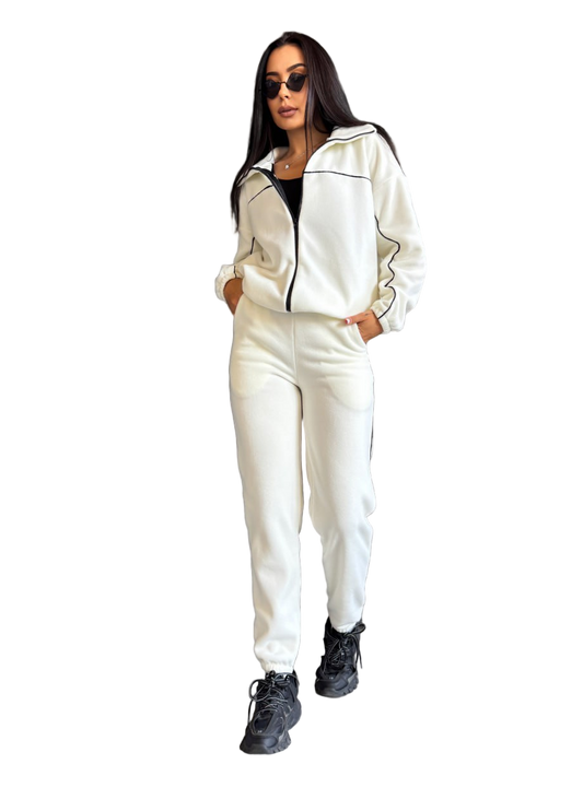Cream Turkish Fleece Tracksuit Womens Zip Jacket Jogger Set Piped Trim