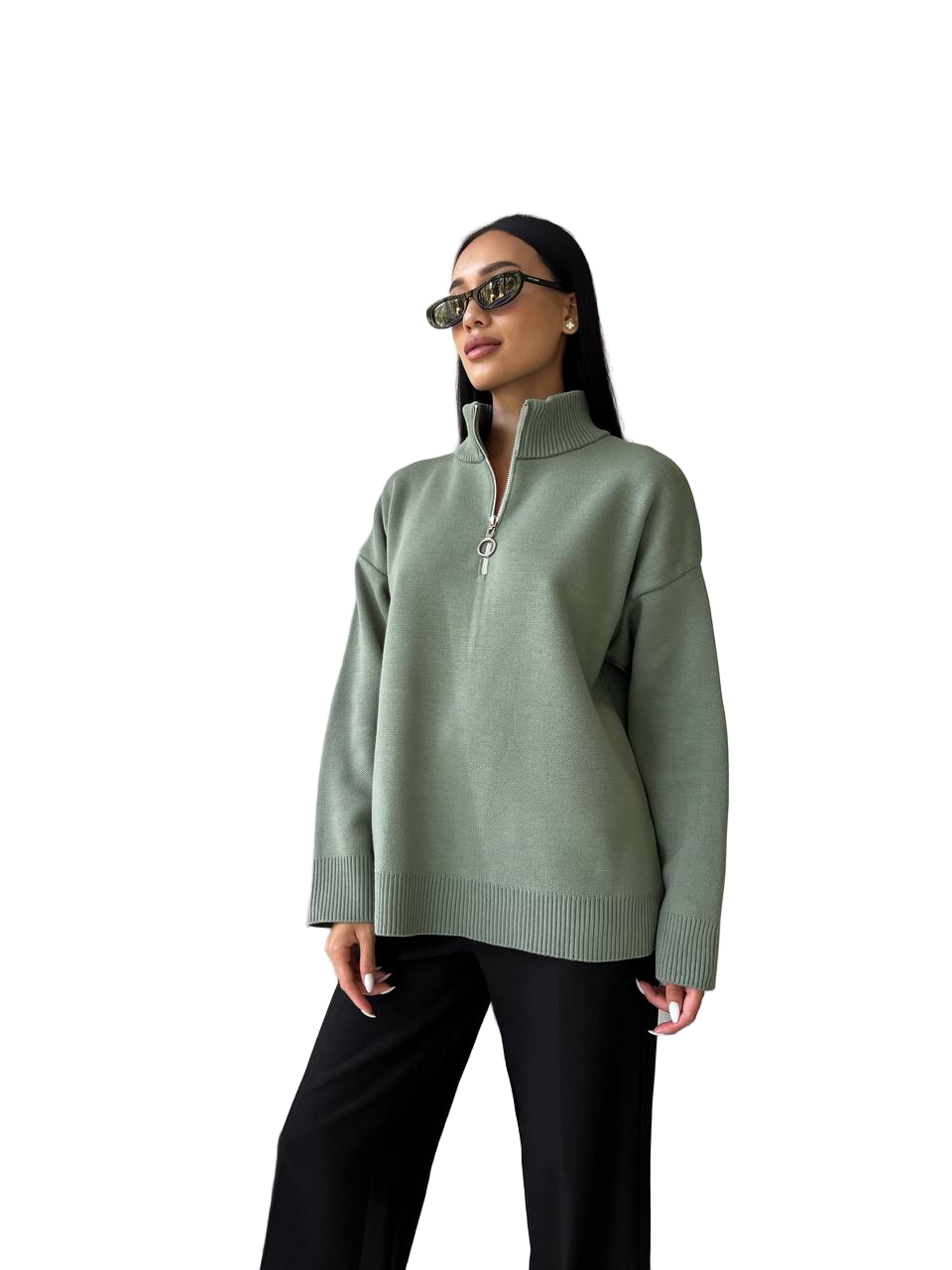 Womens Sage Green Jacquard Zip Sweater Wool Blend