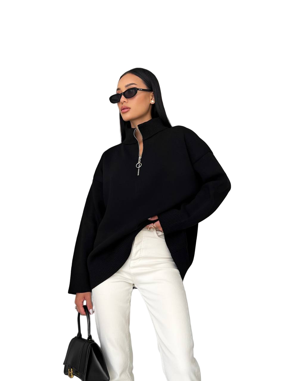 Black Jacquard Half Zip Sweater 30 percent Wool 70 percent Acrylic