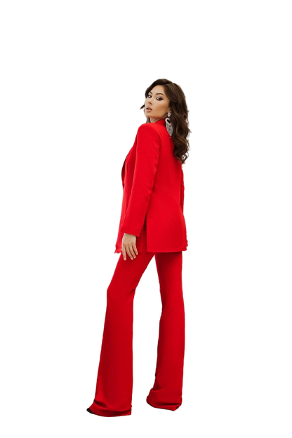 Woman wearing a red suit on a white background