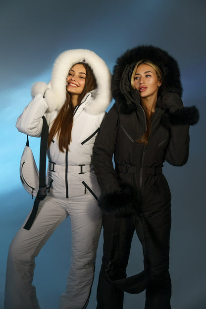 Black Women And Kids Ski Jumpsuit with Belt Mittens and Bag Insulated Winter Snow Suit