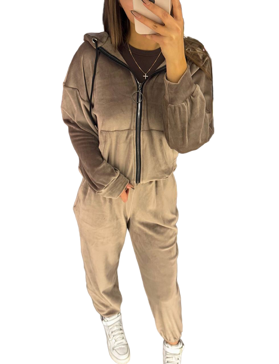 Velour Fur Lined Taupe Oversized Tracksuit Hoodie and Pants