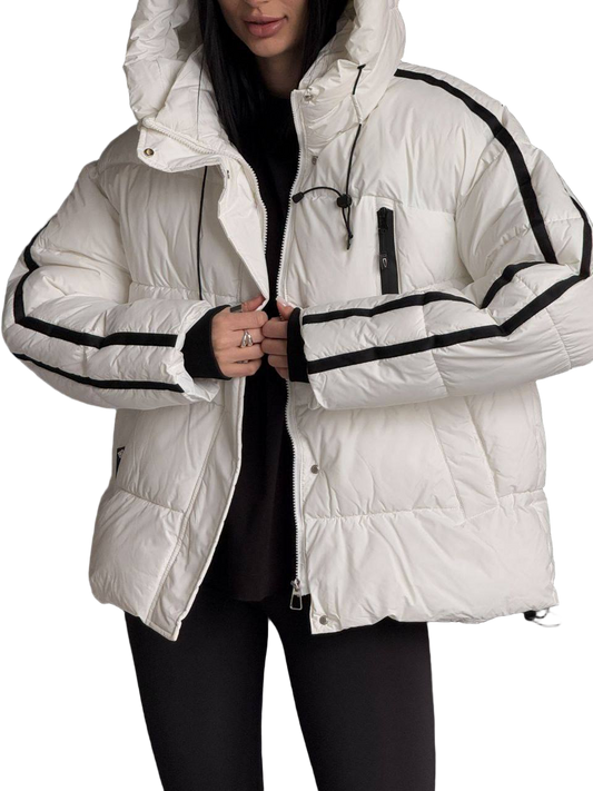 White puffer jacket with black accents worn by a person on a white background