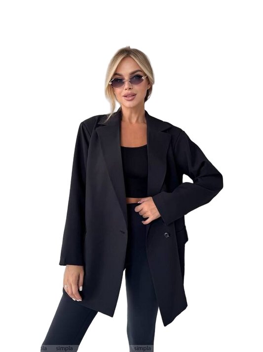 Oversized Black Blazer Jacket with Shoulder Pads and Lining