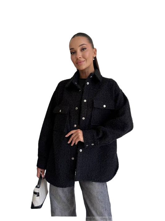 Stylish Black Wool Boucle Shirt Jacket for Women