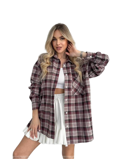 Oversized Flannel Shirt Dress in Burgundy Plaid