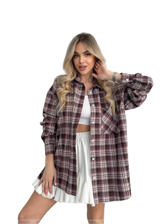 Oversized Flannel Shirt Dress in Burgundy Plaid