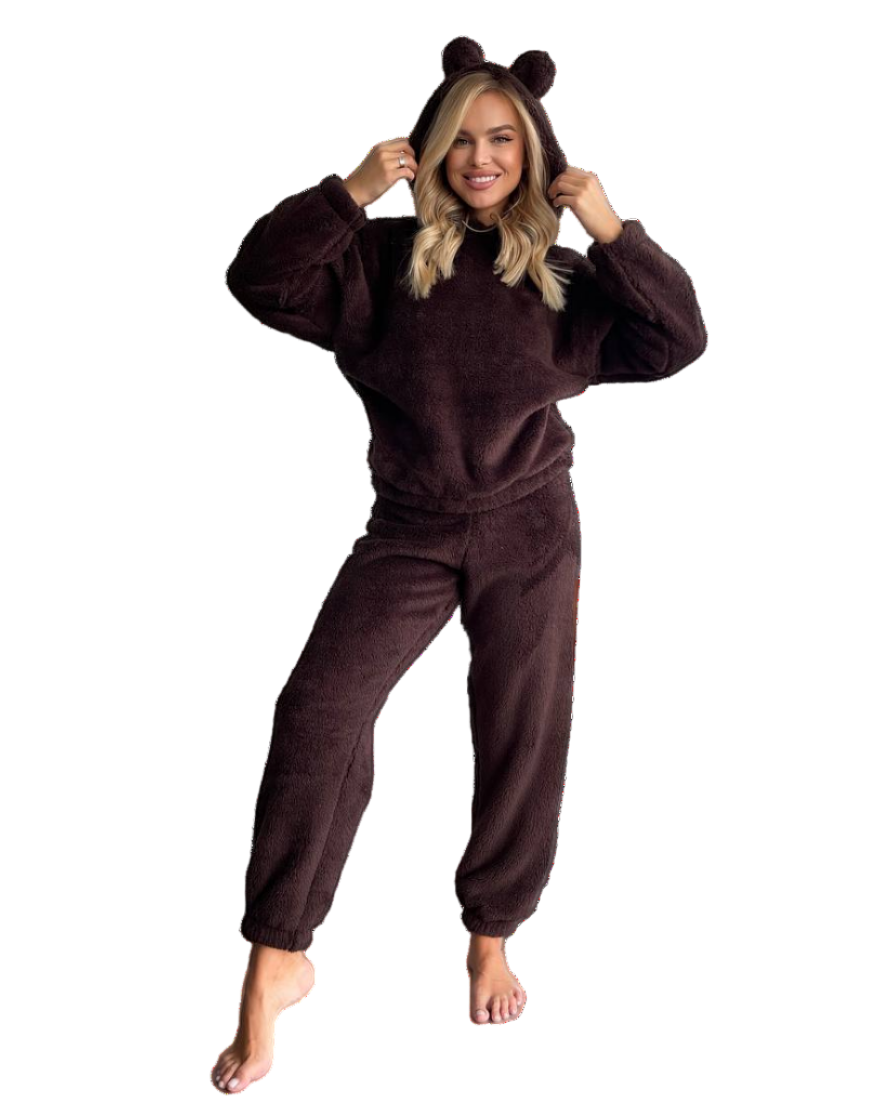 Warm Hooded Home Pajama Set Double Sided Terry Brown