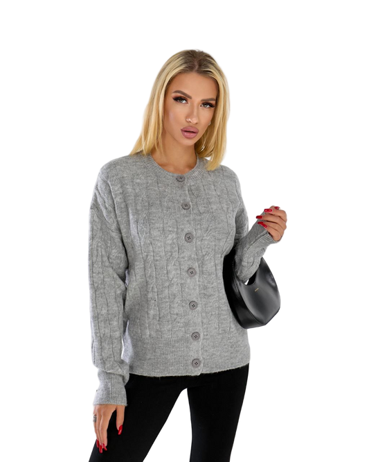 Oversized Grey Cable Knit Cardigan Button Front