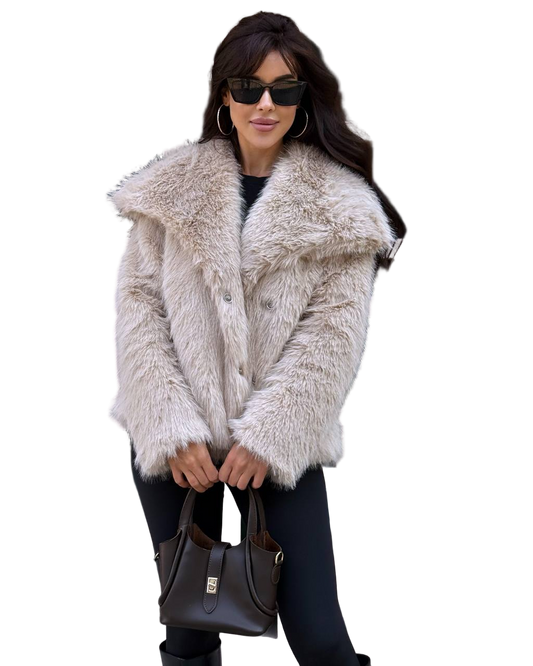 Womens Short Beige Faux Fur Coat Soft Plush Winter Jacket