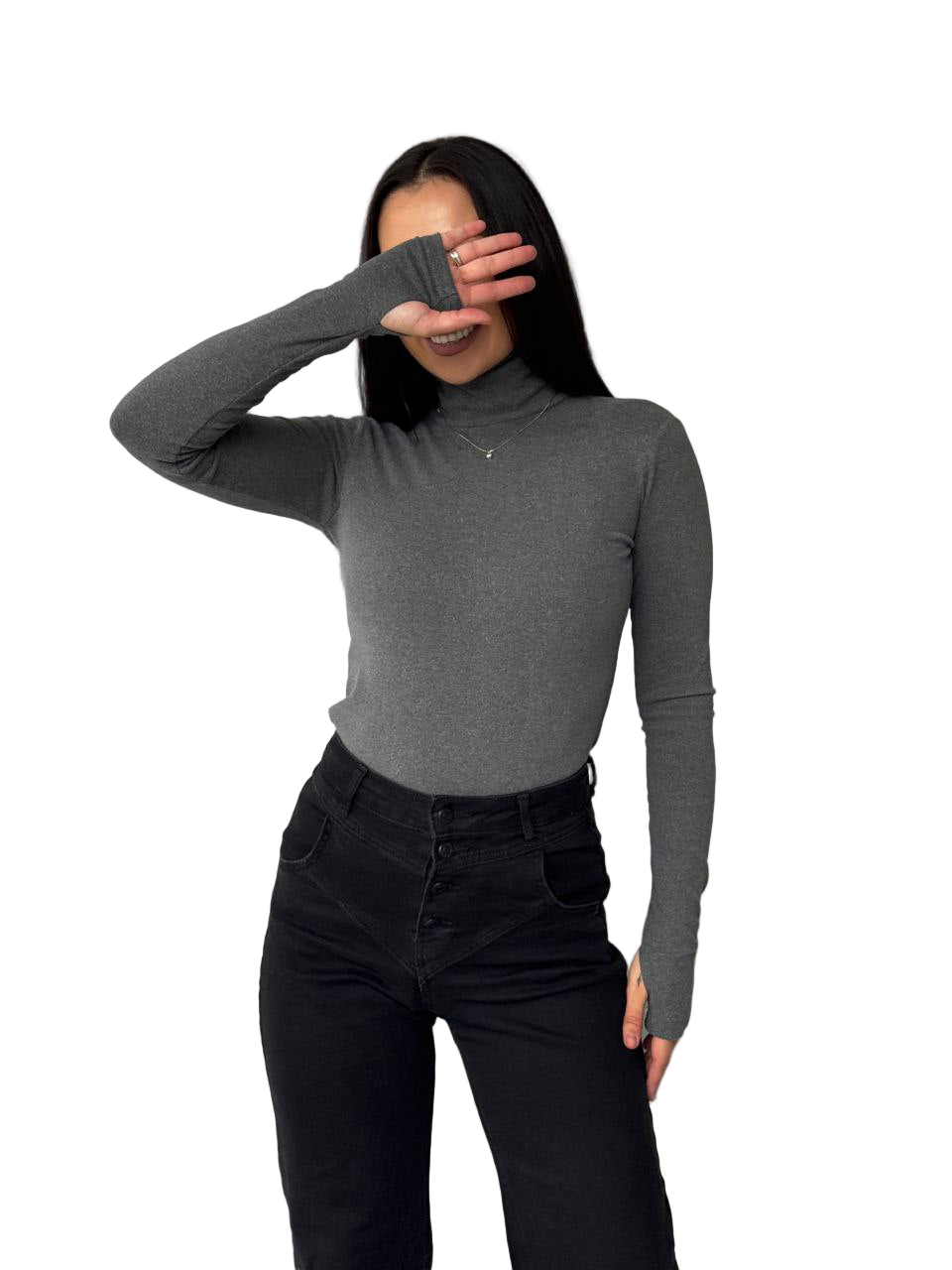 Gray Thermal Turtleneck Long Sleeve Top Women Stretch Soft Basics