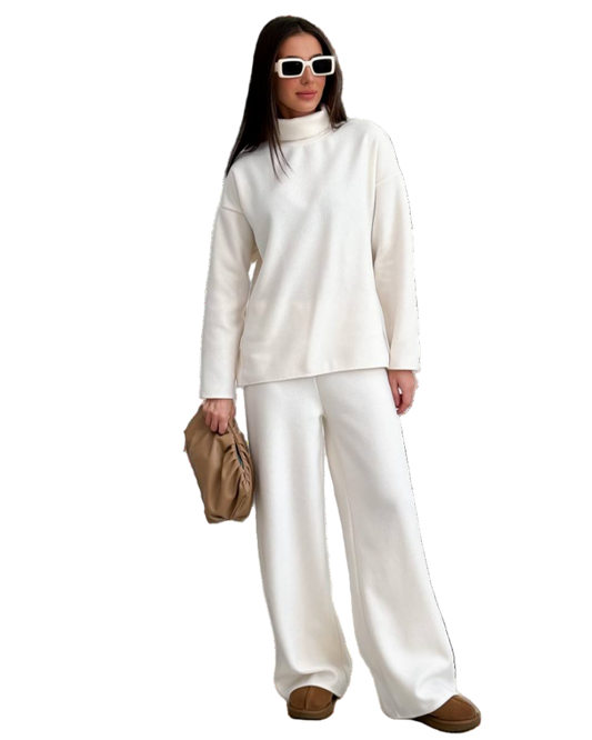 Cream Oversized Knit Set Turtleneck Sweater with High Waist Wide Leg Pants Turkish Cotton