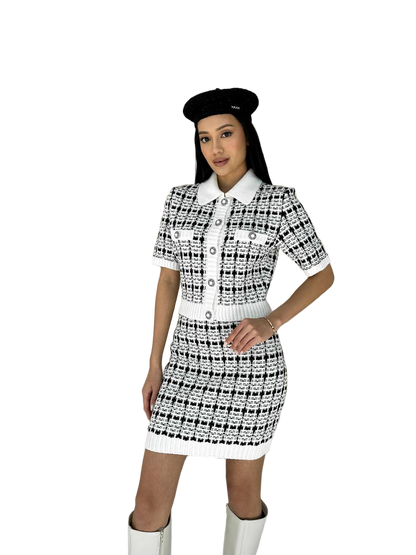 Black White Tweed Two Piece Suit Set Elegant Boucle Jacket Skirt