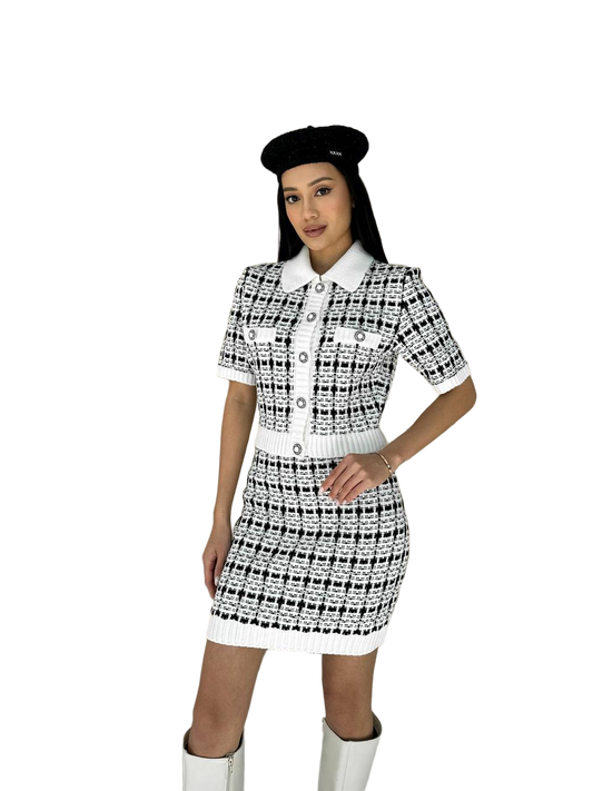 Black White Tweed Two Piece Suit Set Elegant Boucle Jacket Skirt