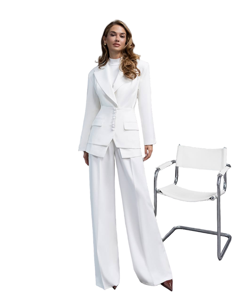 White Premium Diagonal Crepe Womens Suit Blazer Pants Basque