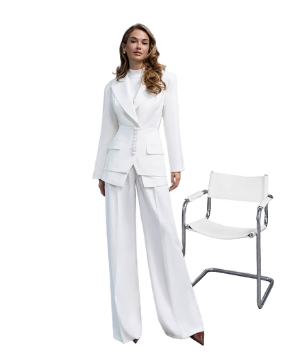 White Premium Diagonal Crepe Womens Suit Blazer Pants Basque