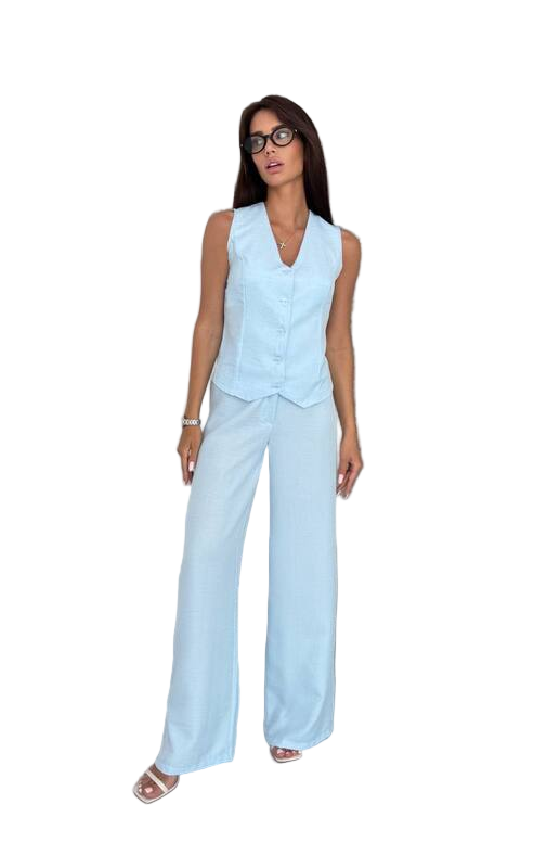 Light Blue Linen Vest and Wide-Leg Pants Suit