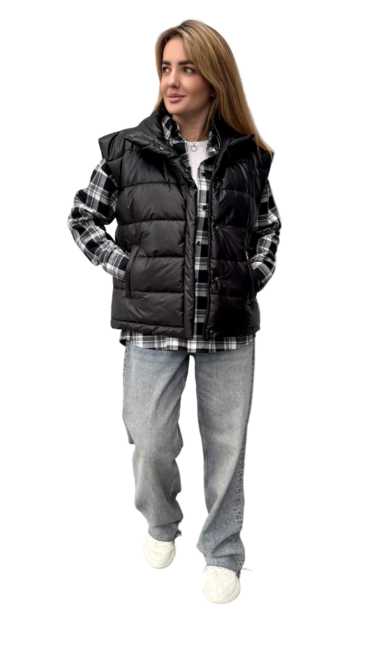 Black Quilted Puffer Vest Women Insulated Snap Button Outerwear