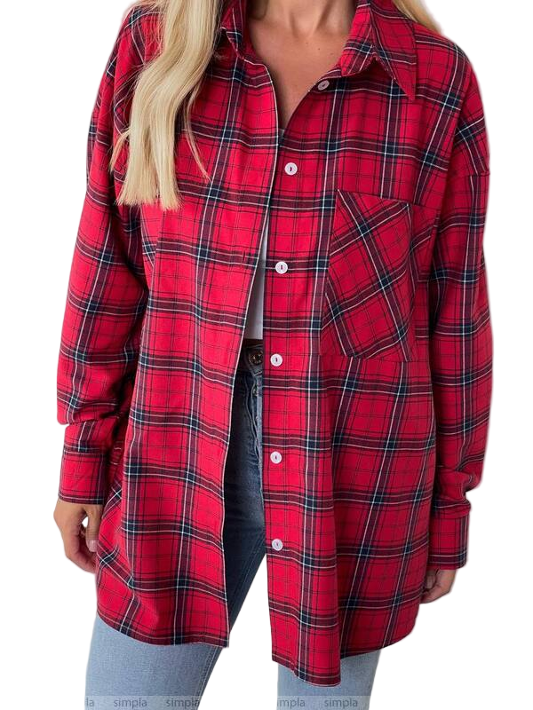 Red plaid shirt worn by a person on a white background