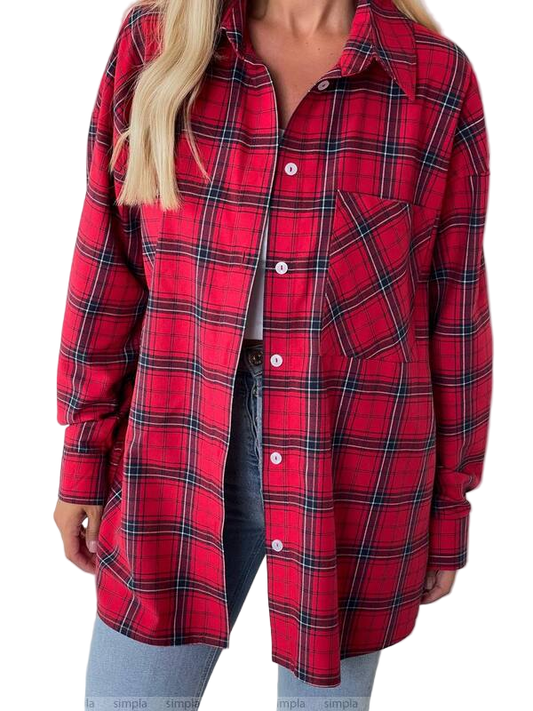 Red plaid shirt worn by a person on a white background